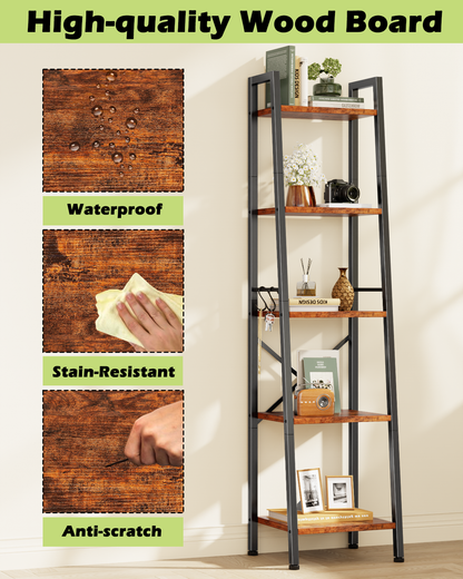 Furologee Ladder Bookshelf, Tall Narrow Metal & Wood Bookcase with Hooks, Rustic Brown Leaning Shelf for Living Room, Bedroom, Bathroom, Kitchen