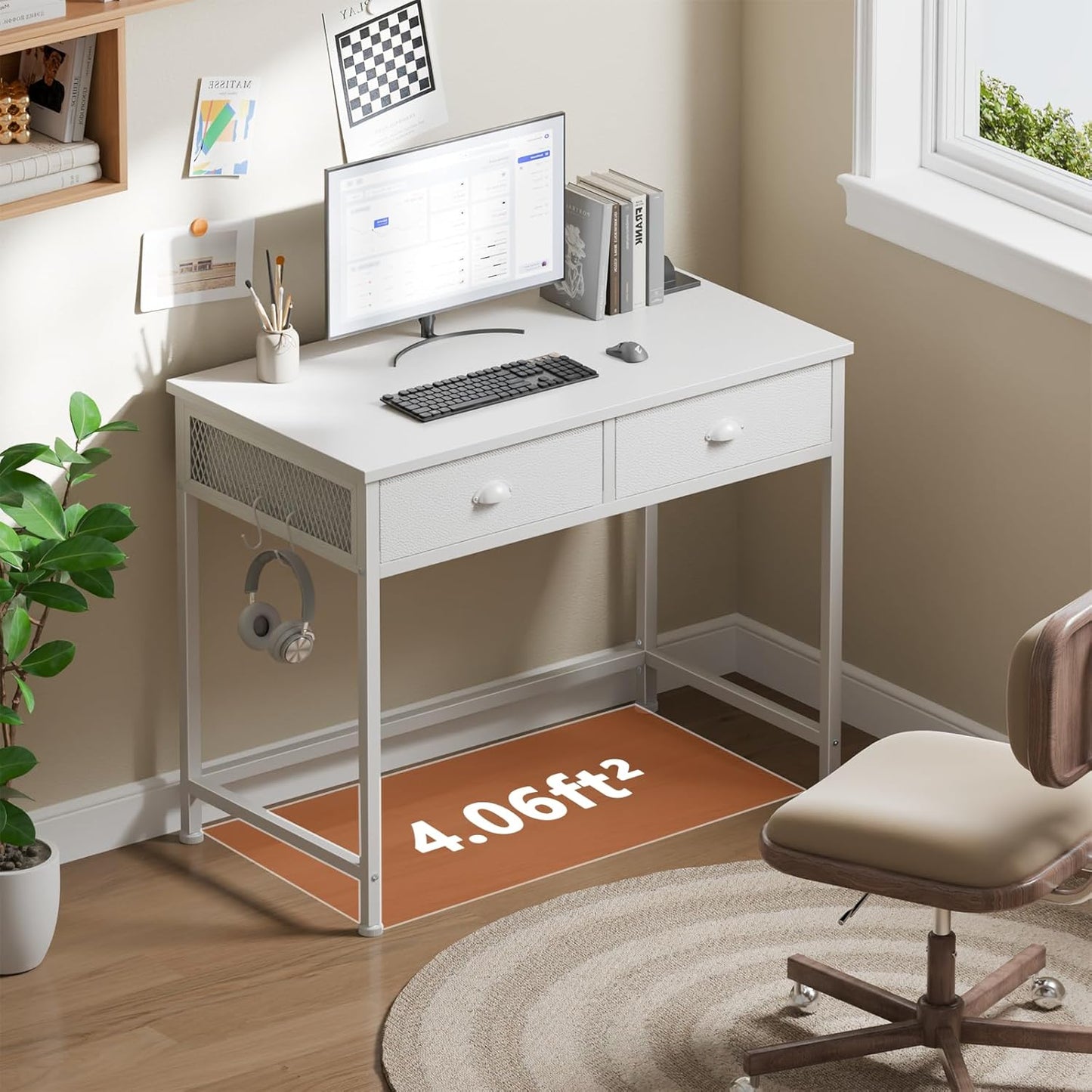 Furologee 34” White Computer Desk with Fabric Drawers & Hooks – Small Home Office or Vanity Table