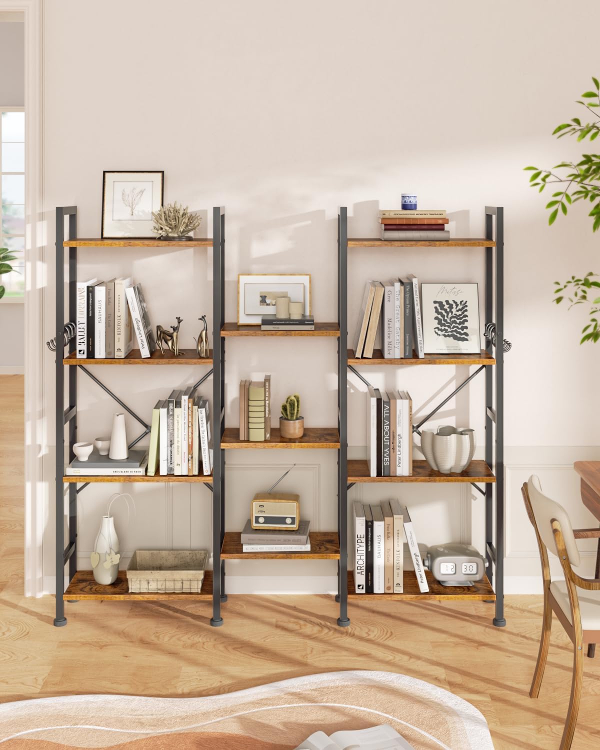 Furologee Triple 4 Tier Bookshelf, Bookcase with 11 Open Display Shelves, Wood and Metal Shelf Storage Organizer,Industrial Wide Shelving Unit for Living Room,Home Office,Rustic Brown