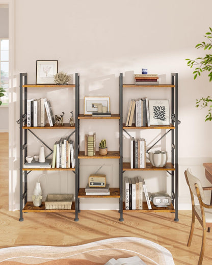 Furologee Triple 4 Tier Bookshelf, Bookcase with 11 Open Display Shelves, Wood and Metal Shelf Storage Organizer,Industrial Wide Shelving Unit for Living Room,Home Office,Rustic Brown