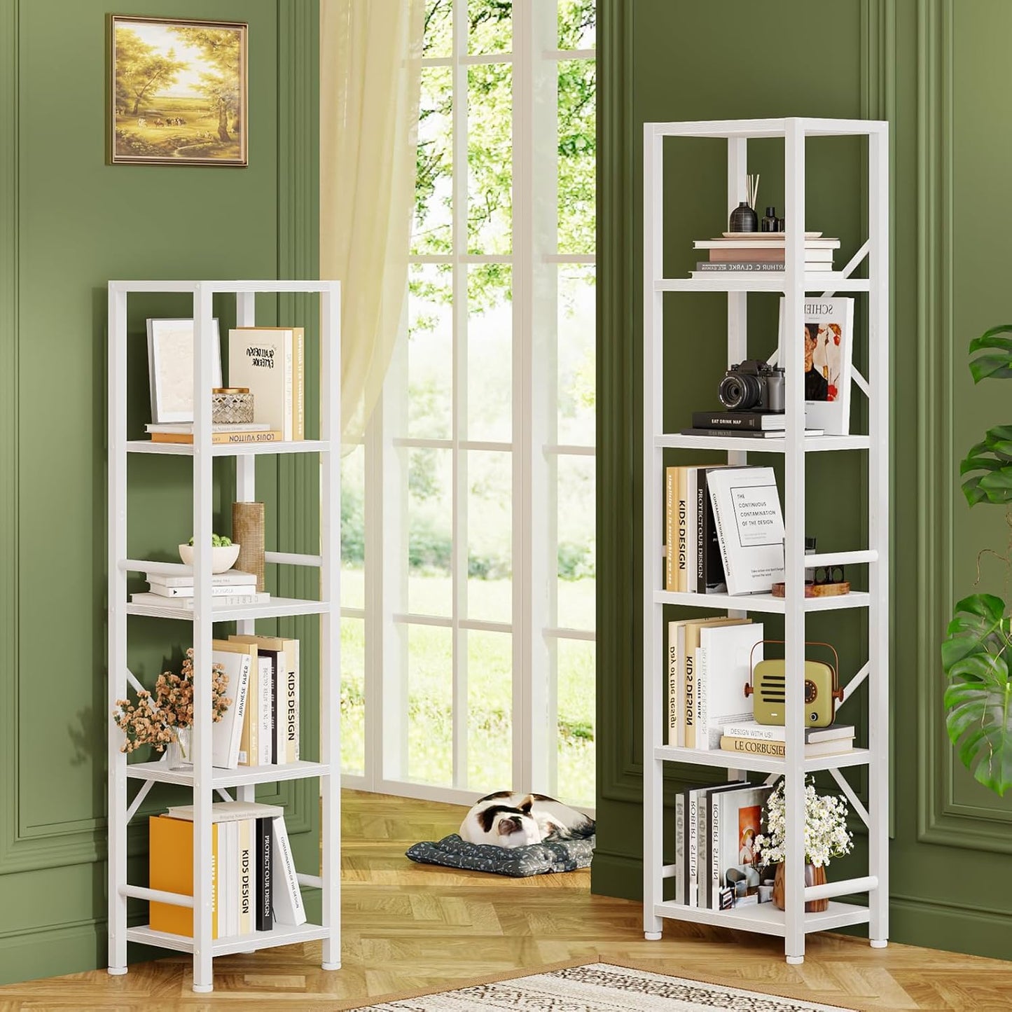 Furologee 5/6-Tier Narrow Bookshelf, Rustic Wood & Metal Display Shelf for Bedroom, Living Room, Home Office