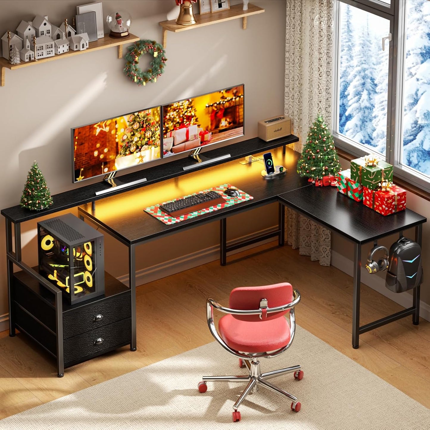 Furologee 66" L Shaped Gaming Desk with Power Outlet & LED Lights, Reversible Corner Computer Desk with 2 Drawers & Storage Shelves for Home Office, Large PC Table with Monitor Stand, Black