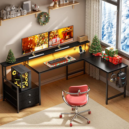 Furologee 66" L Shaped Gaming Desk with Power Outlet & LED Lights, Reversible Corner Computer Desk with 2 Drawers & Storage Shelves for Home Office, Large PC Table with Monitor Stand, Black
