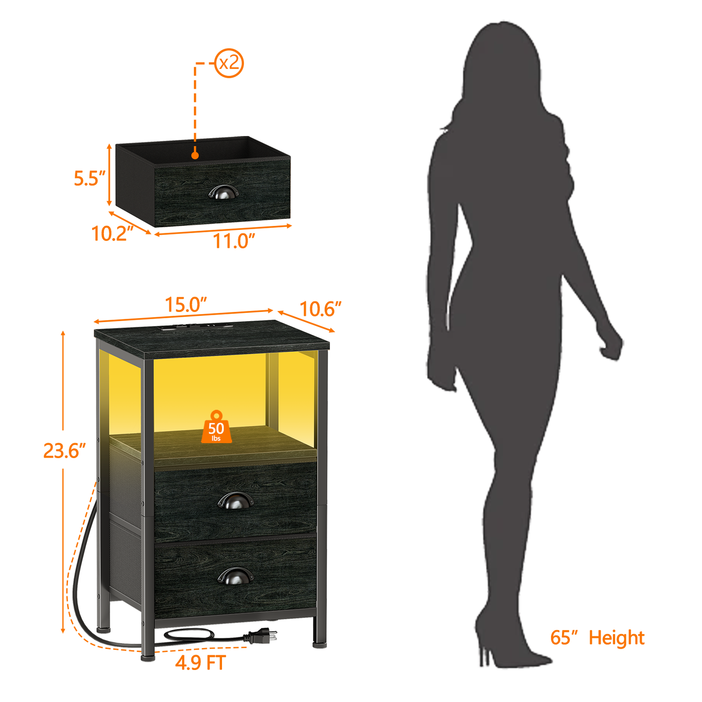 Furologee Night Stand with LED Light, Charging Station, 2 Drawer, Black Oak
Nightstand Features USB Ports, 2 Fabric Drawers, for Livingroom, Bedside Storage and Nighttime Use