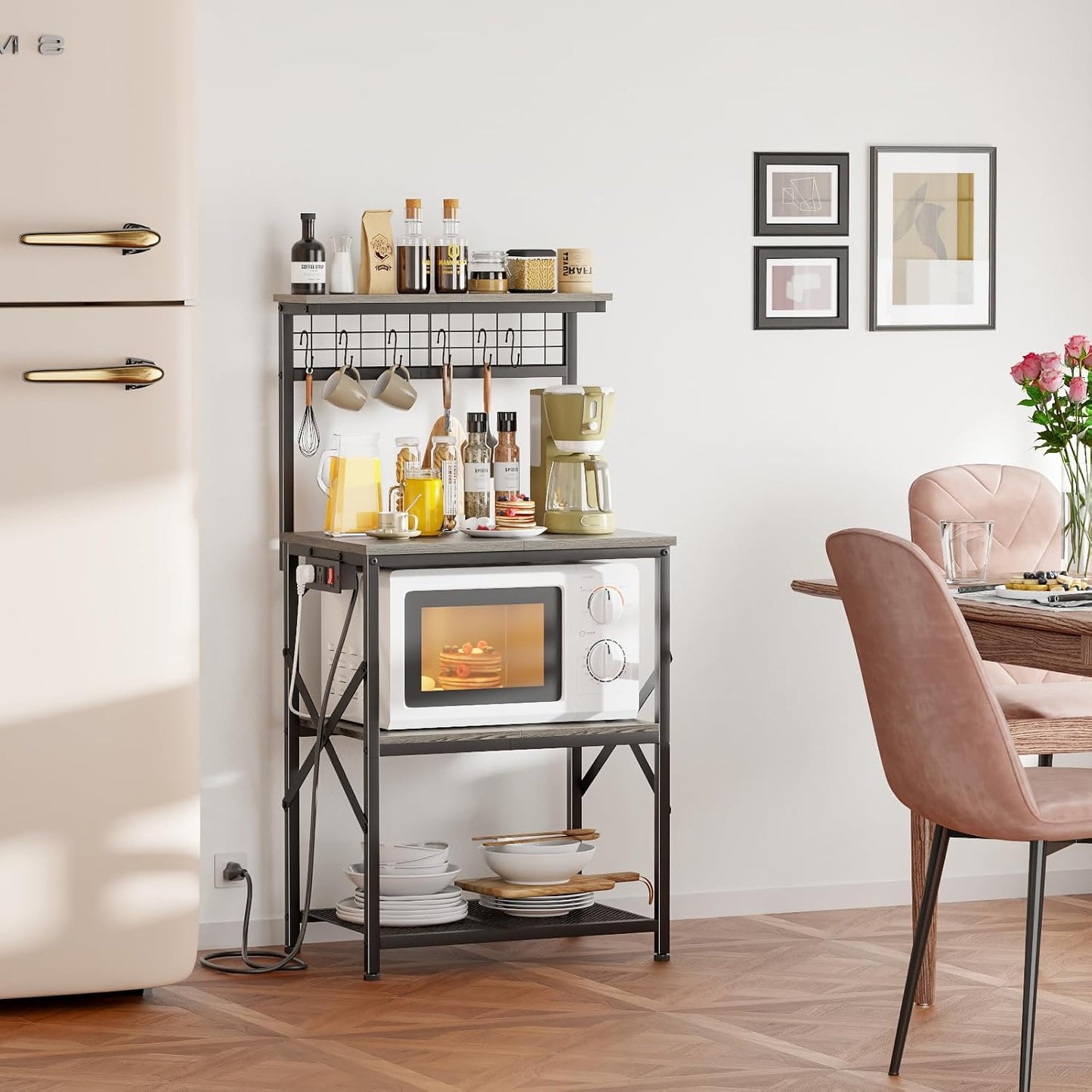 Furologee 4-Tier Kitchen Bakers Rack with Power Outlet, Microwave Stand & Coffee Bar with Hooks and Storage Shelves, Black Oak