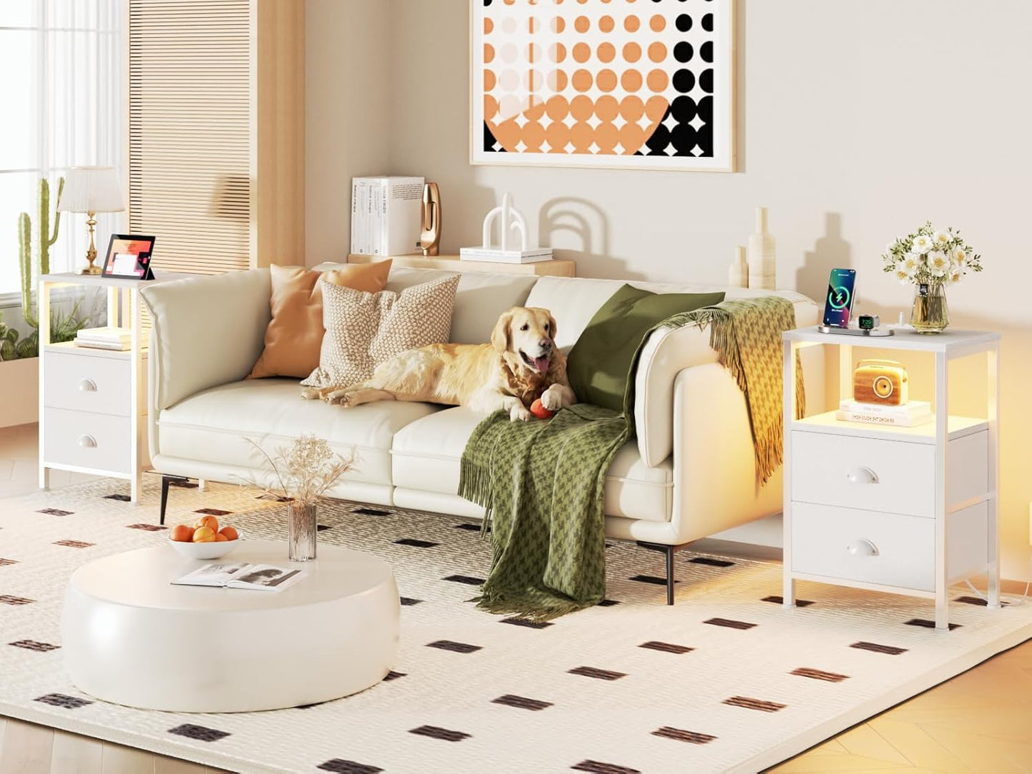 Nightstand with Charging Station & LED Lights - Bedside Table with Fabric Drawer, Storage Shelf, White for Bedroom