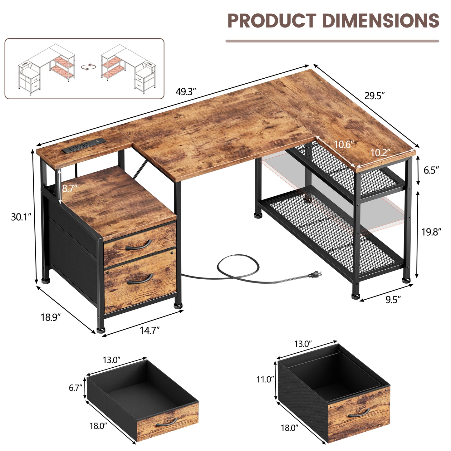 Furologee 49" L Shaped Computer Desk with Power Outlets, Reversible Home Office Desk with Fabric Drawers, File Cabinet, Printer Table, Metal Storage Shelves, Corner Desk for Small Space, Rusitc Brown