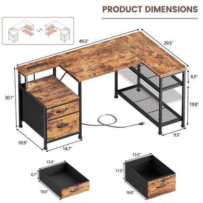 Furologee 49" L Shaped Computer Desk with Power Outlets, Reversible Home Office Desk with Fabric Drawers, File Cabinet, Printer Table, Metal Storage Shelves, Corner Desk for Small Space, Rusitc Brown