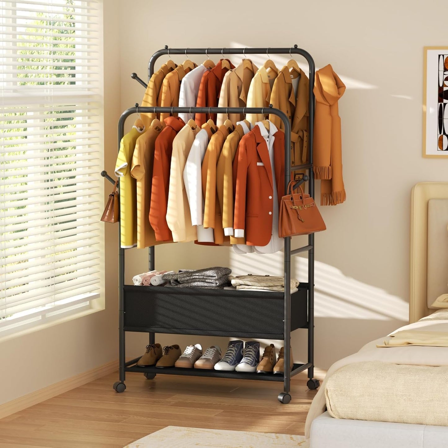 Furologee Double Rod Clothing Rack with Wheels – Portable Rolling Garment Rack for Bedroom, Laundry & Living Room