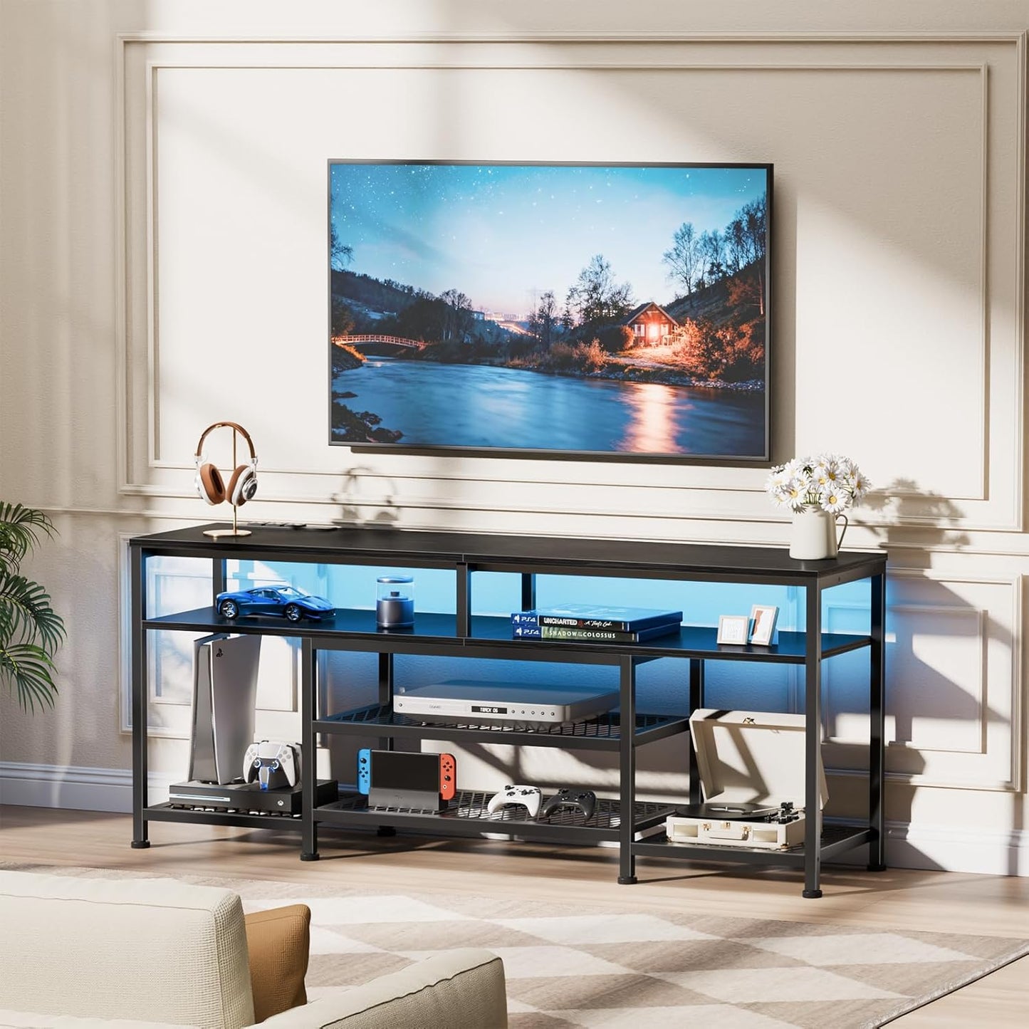 Furologee TV Stand with Power Outlets and LED Lights, 55 Inch Entertainment Center Black