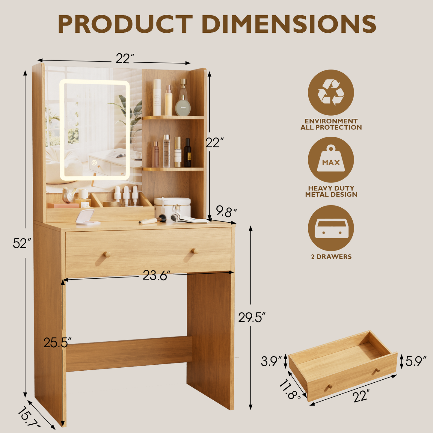 Vanity Desk with Mirror and LED Lights, Modern Small Makeup Vanity Desk with 2 Drawers, 3 Storage Shelves, 24 Inches Dressing Table with Power Outlet, 3 Adjustable Lights for Living room, Wood