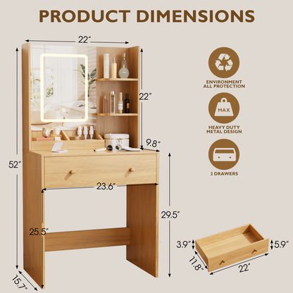 Vanity Desk with Mirror and LED Lights, Modern Small Makeup Vanity Desk with 2 Drawers, 3 Storage Shelves, 24 Inches Dressing Table with Power Outlet, 3 Adjustable Lights for Living room, Wood