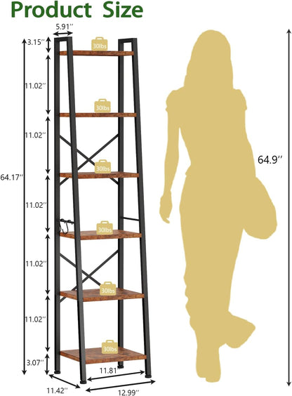 Furologee Ladder Bookshelf, Tall Narrow Metal & Wood Bookcase with Hooks, Rustic Brown Leaning Shelf for Living Room, Bedroom, Bathroom, Kitchen