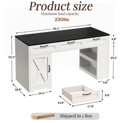 Furologee 55" Farmhouse Desk with Charging Station & Drawers, Black
Executive Computer desk with 3 Wooden Drawers and Storage Cabinet and Open Storage Shelf, Large Workstation for Home Office£¬Work, Study , Black and White