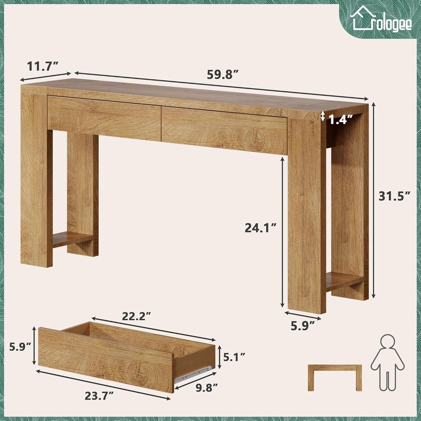 Furologee 60 inch Long Entryway Console Table with Drawers, Farmhouse Sofa Table Behind Couch, Entrance Accent Table for Hallway, Living Room, Foyer, Bedroom, Wooden Thick Tabletop