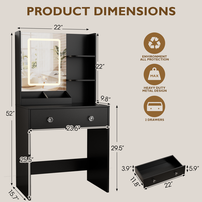 Vanity Desk with Mirror and LED Lights, Modern Small Makeup Vanity Desk with 2 Drawers, 3 Storage Shelves, 24 Inches Make UP Dressing Table with Power Outlet, 3 Adjustable Lights for Bedroom, Black