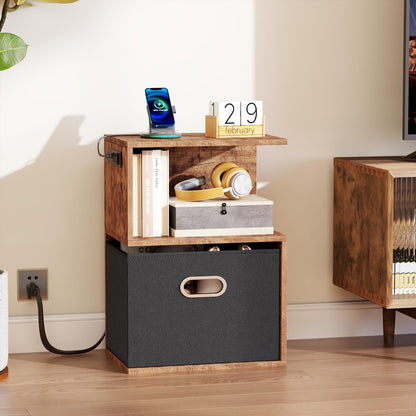 Modern 3-Tier Bedside Table with Charging Station and Storage Drawer, Wood Nightstand for Small Spaces in Bedroom or Living Room