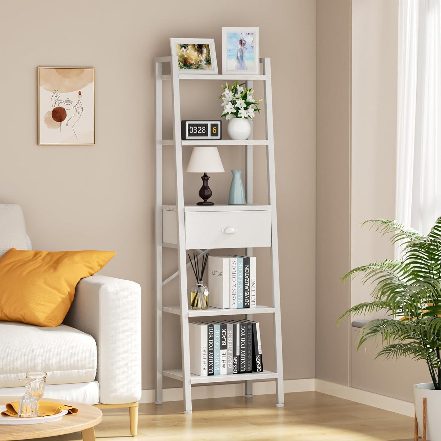 5 Tier Bookshelf, Ladder Shelf with Drawer, Tall and Narrow Bookcase, Storage Shelves Organizer, Industrial Display Standing Units for Bathroom, Kitchen, Bedroom,Living Room,White