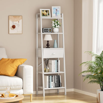 5 Tier Bookshelf, Ladder Shelf with Drawer, Tall and Narrow Bookcase, Storage Shelves Organizer, Industrial Display Standing Units for Bathroom, Kitchen, Bedroom,Living Room,White