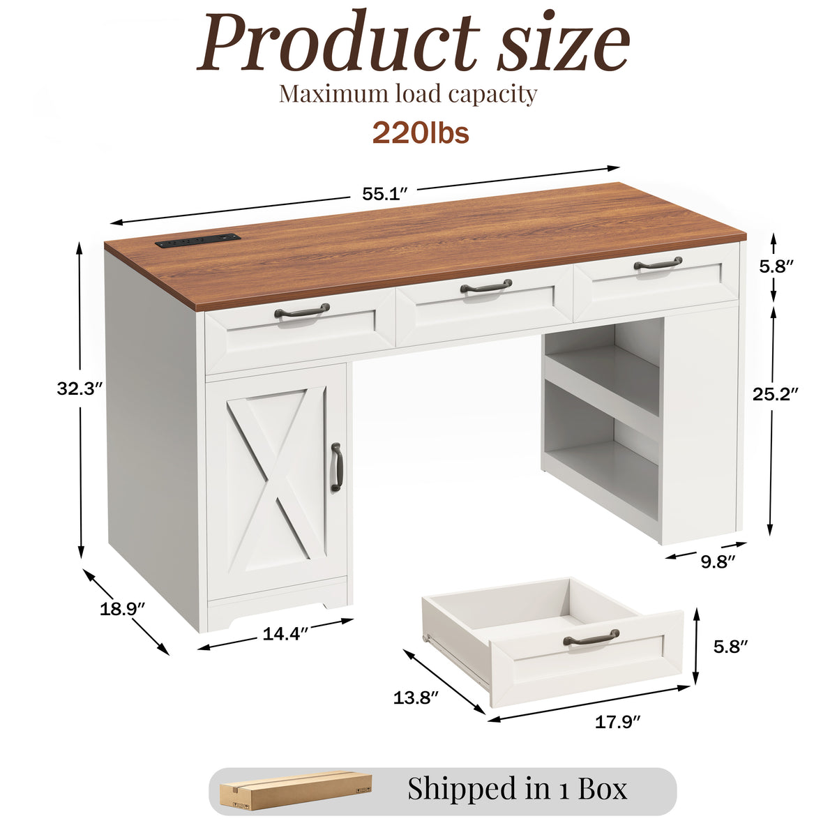 Furologee 55" Farmhouse Desk with Charging Station & Drawers, Walnut White
Executive Computer Desk with 3 Wooden Drawers, Storage Cabinet and Open Storage Shelf, Large Workstation for Home Office£¬Work, Study