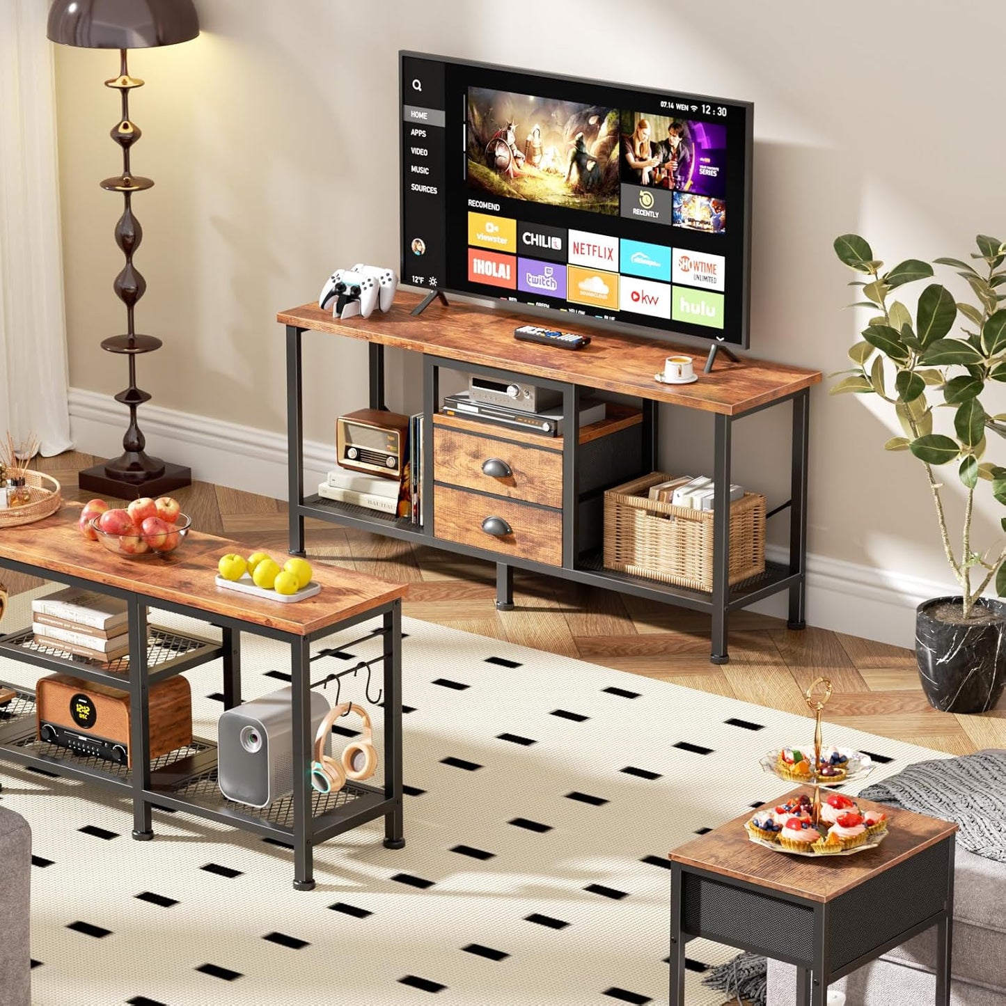 Furologee 42" TV Stand with 2 Fabric Drawers – Small Media Console with Open Storage Shelves for Bedroom & Living Room, Rustic Brown