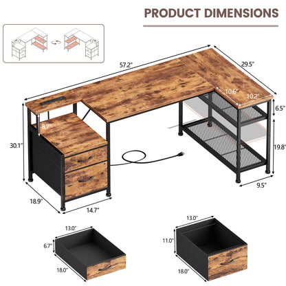 Furologee 57 Inch L Shaped Computer Desk with Power Outlets, Reversible Home Office Desk with Fabric Drawers, File Cabinet, Printer Table, Metal Storage Shelves, Corner Desk for Small Space, Rusitc Brown