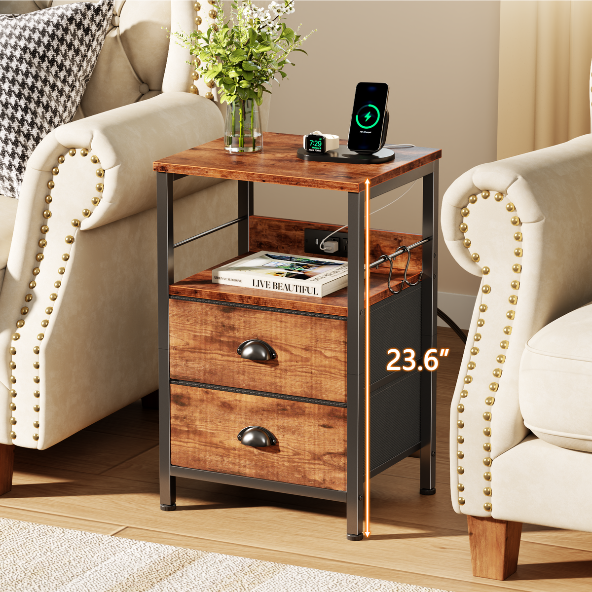 Furologee Nightstand with Charging Station for Dorm, 2 Fabric Drawers
Night Stand with USB & Outlets, Side Table with Storage & Hooks, Industrial End Table for Living Room/Bedroom, Rustic Brown