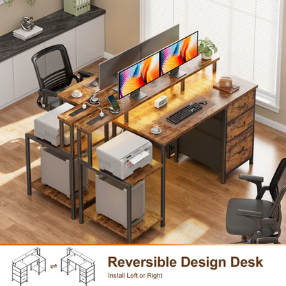 Furologee 55" Gaming Desk with LED Lights & Power Outlets, Reversible Office Desk with Monitor Stand for Work Study, Desk for Home Office Dorm, Storage Drawers and Cabinet, Rustic Brown