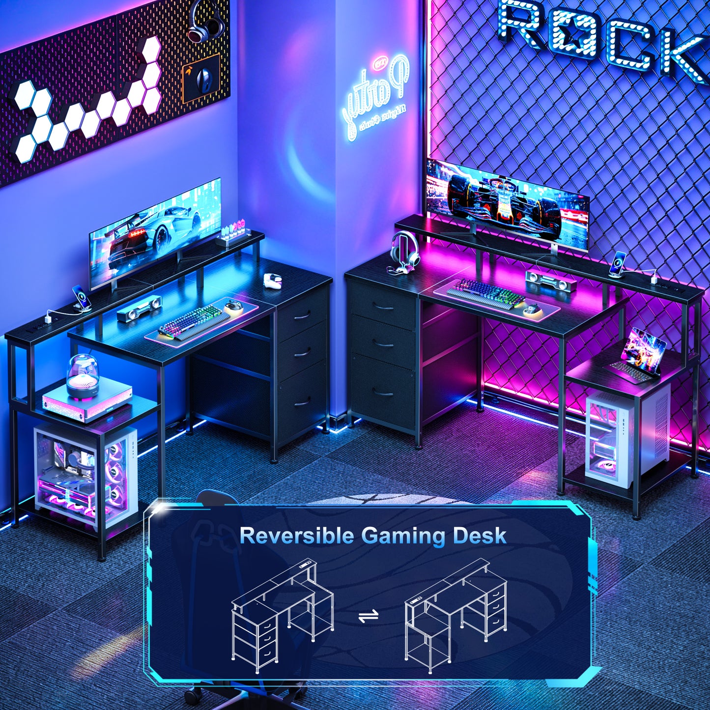 Furologee 55" Gaming Desk with LED Lights & Power Outlets, Reversible Office Desk with Monitor Stand for Work Study, Desk for Home Office Dorm, Storage Drawers and Cabinet, Black