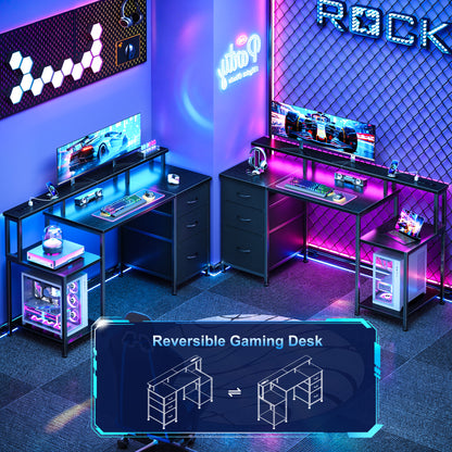Furologee 55" Gaming Desk with LED Lights & Power Outlets, Reversible Office Desk with Monitor Stand for Work Study, Desk for Home Office Dorm, Storage Drawers and Cabinet, Black
