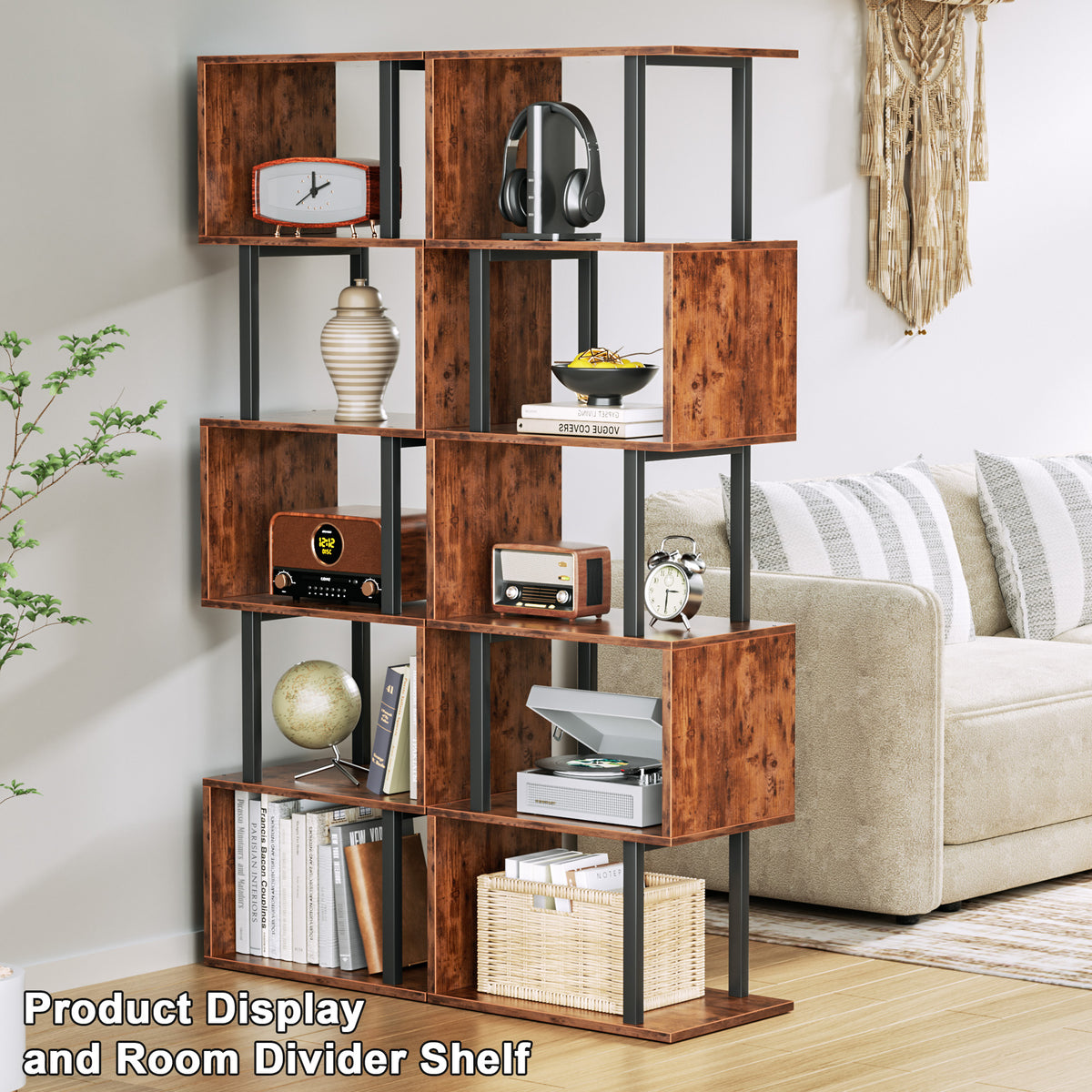 Furologee 6 Tier Bookshelf, S Shaped Geometric Bookcase, Rustic Brown 57.5'' Tall Industrial Display Shelf Standing Unit, Room Divider Shelf for Bedroom, Living room, Office