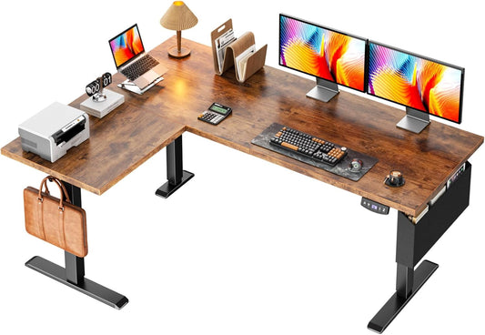 Furologee 63" L Shaped Standing Desk, Reversible Sit Stand up Computer Desk with Drawers Rustic Brown