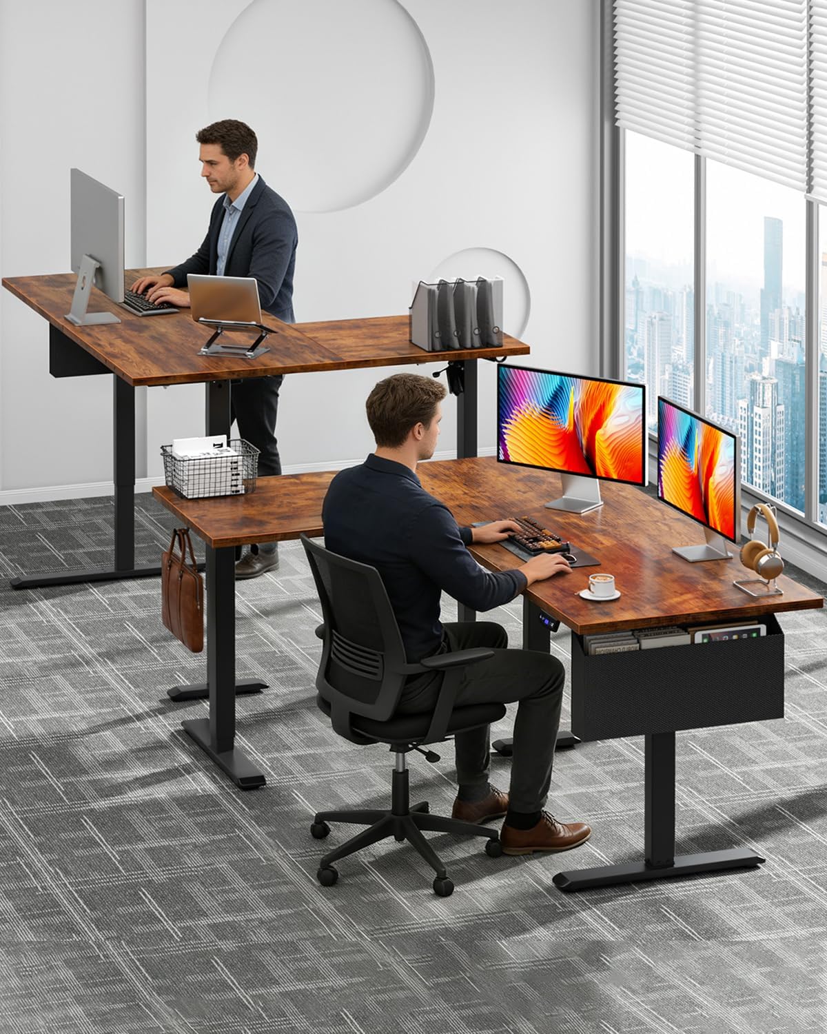 Furologee 63" L Shaped Standing Desk, Reversible Sit Stand up Computer Desk with Drawers Rustic Brown