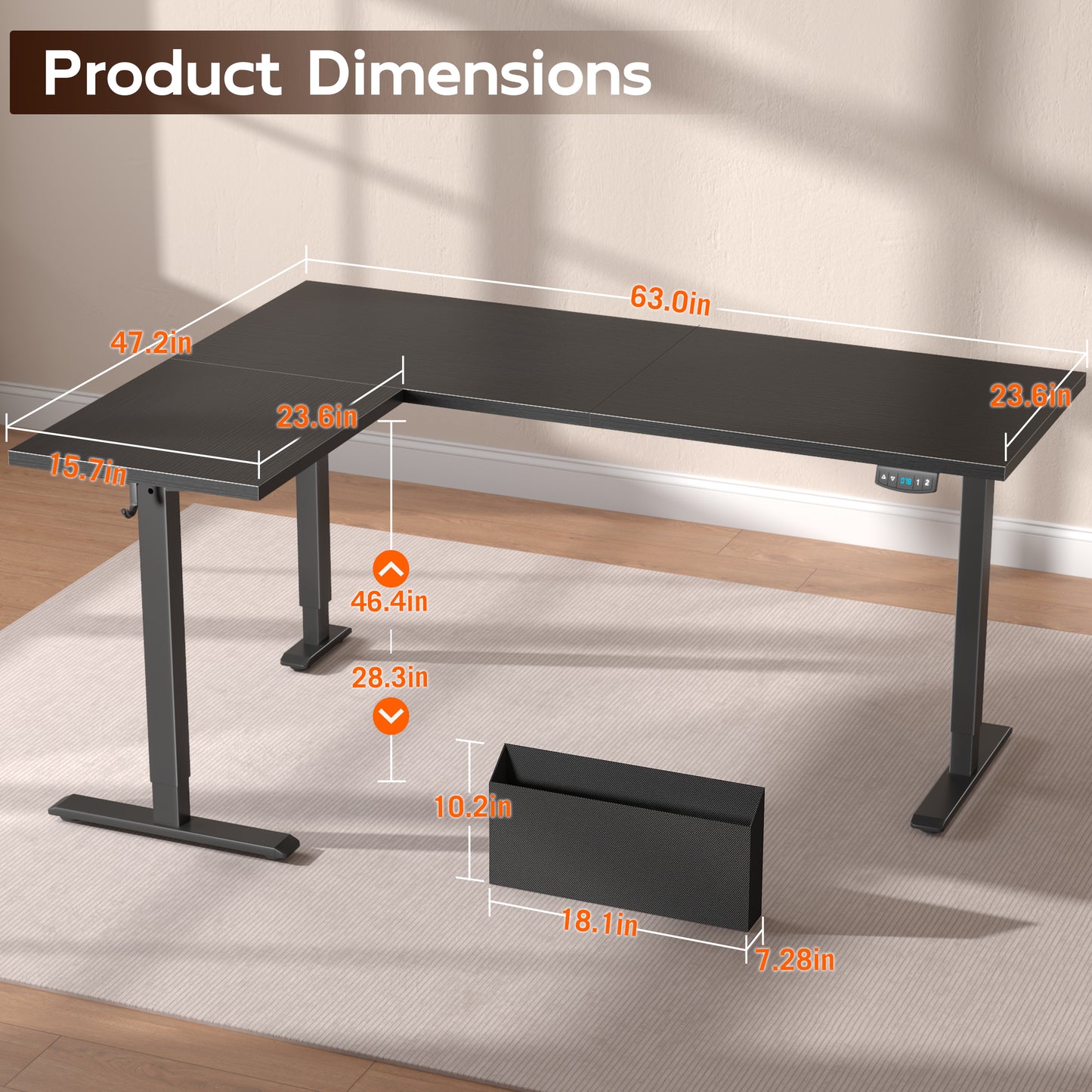 Furologee L Shaped Desk Height Adjustable, 63" Electric Standing Desk with Memory Presets, Reversible Computer Desk for Home Office, Work, Study, Dorm, Black