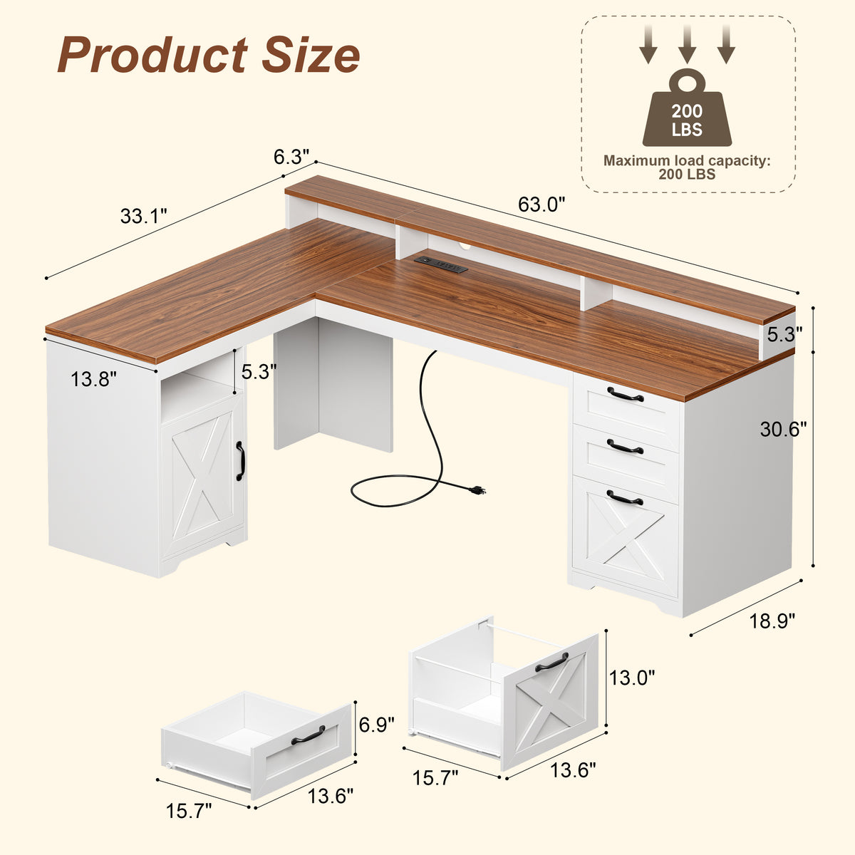 Furologee 63" Farmhouse L Shaped Desk with 3 Wooden Drawers, Printer Shelf, Corner Home Office Desk with Storage Cabinet, Monitor Stand, Power Outlets, Computer Table with Open Shelf, Brown and White