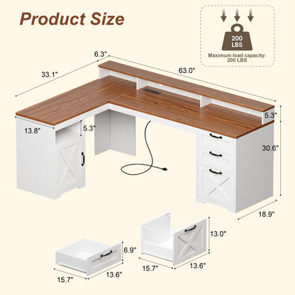 Furologee 63" Farmhouse L Shaped Desk with 3 Wooden Drawers, Printer Shelf, Corner Home Office Desk with Storage Cabinet, Monitor Stand, Power Outlets, Computer Table with Open Shelf, Brown and White