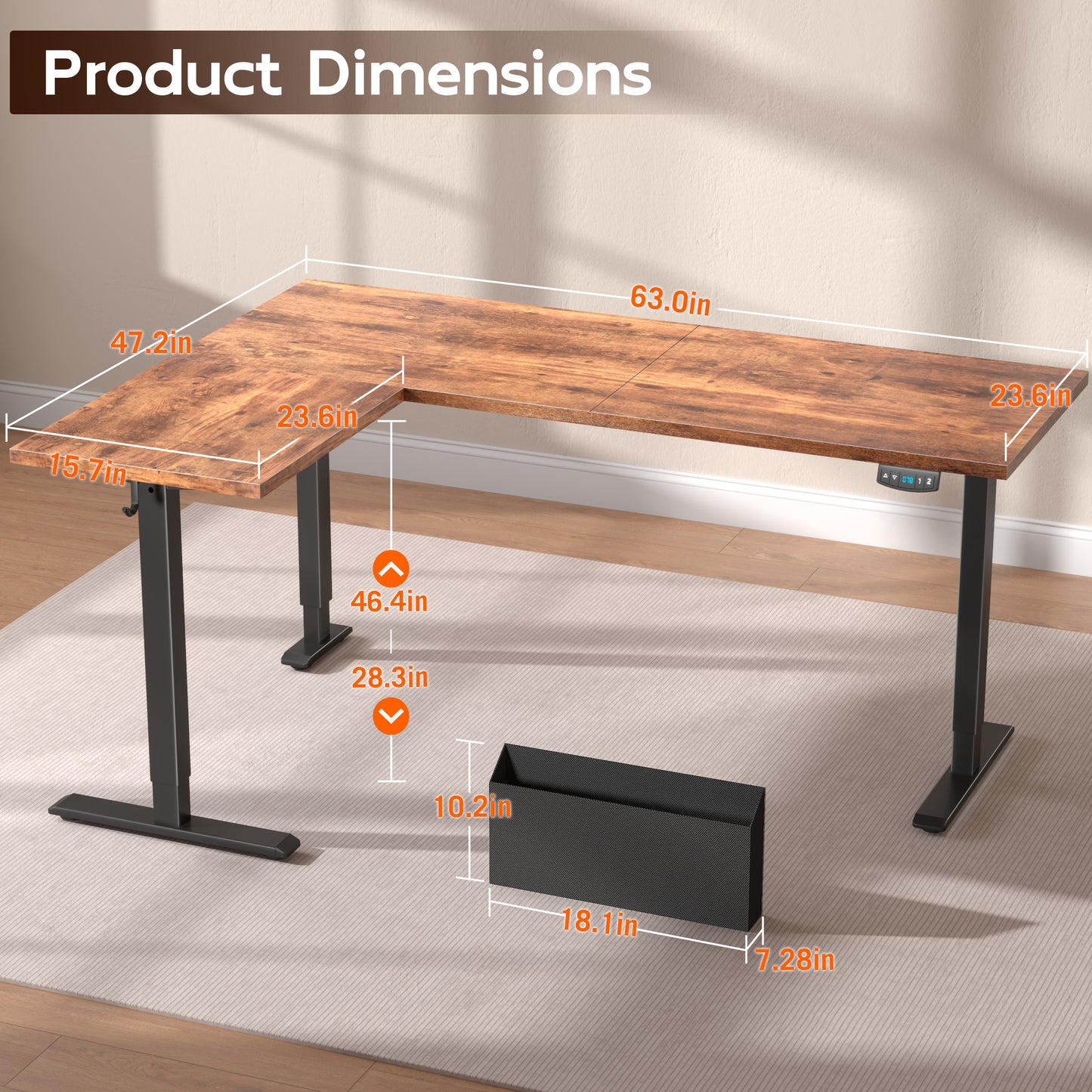 Furologee 63" Reversible L Shaped Standing Desk£¬Rustic Brown£¬Height Adjustable£¬Reversible Computer Desk for Home Office, Work, Study, Dorm£¬Electric Standing Desk with Memory Presets