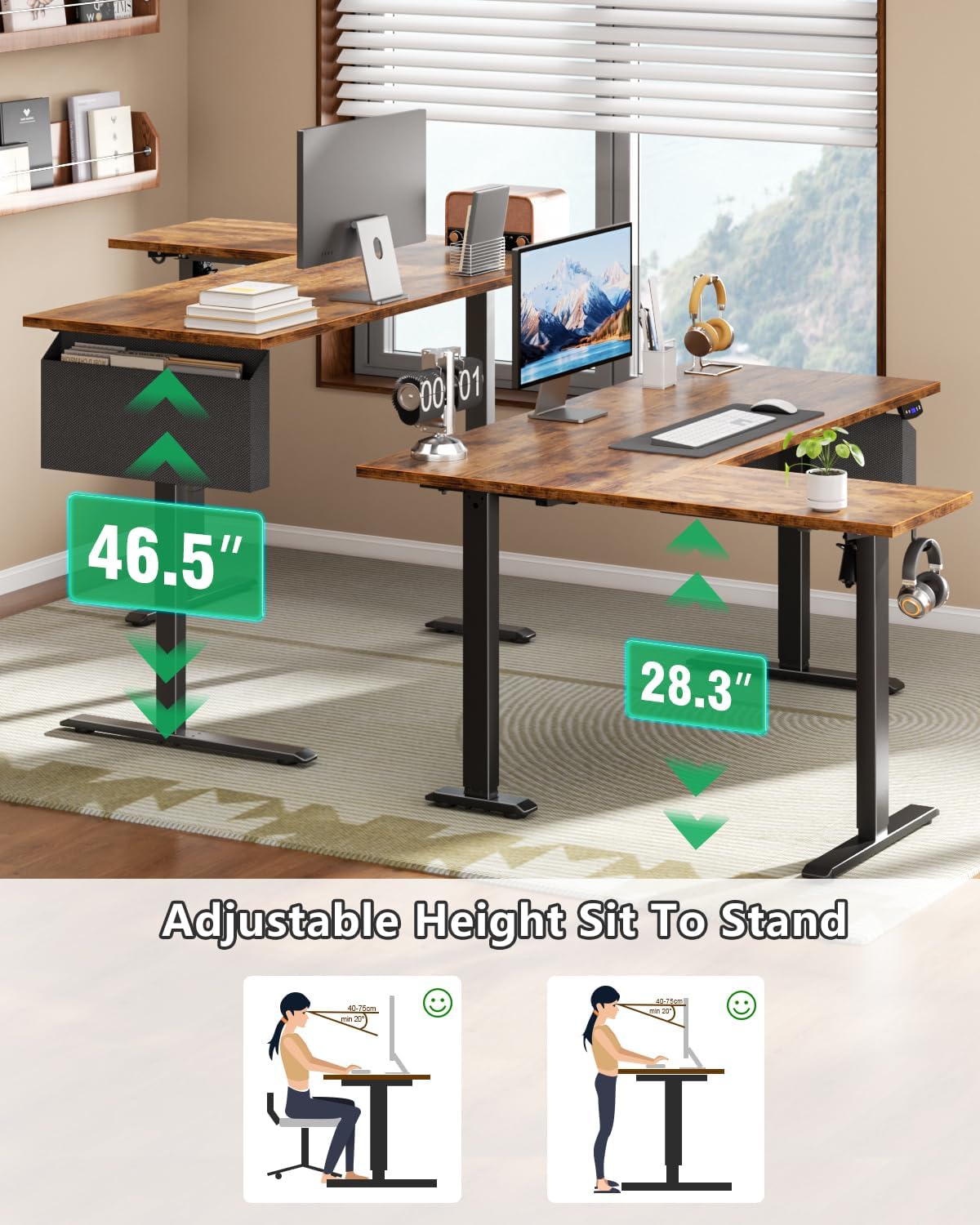 Furologee 63" L Shaped Standing Desk, Reversible Sit Stand up Computer Desk with Drawers Rustic Brown