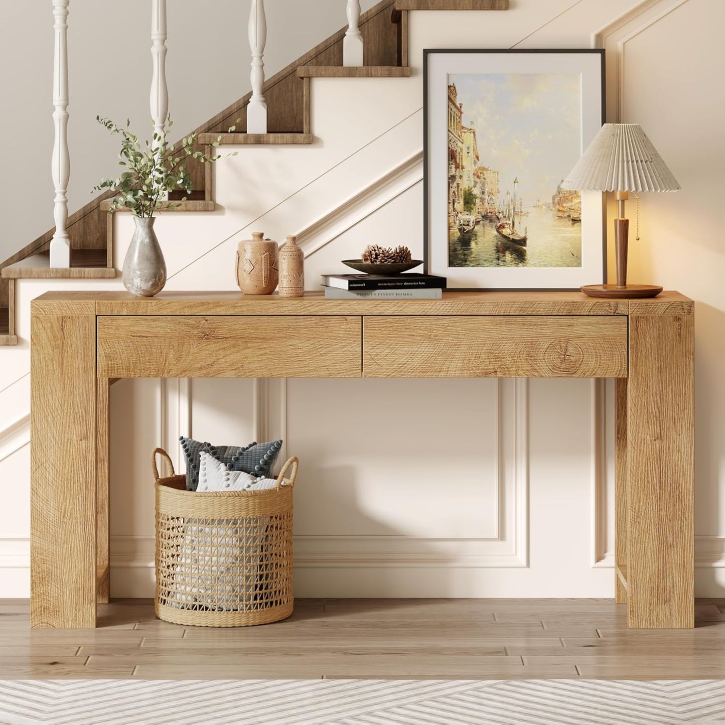 Furologee 60 inch Long Entryway Console Table with Drawers, Farmhouse Sofa Table Behind Couch, Entrance Accent Table for Hallway, Living Room, Foyer, Bedroom, Wooden Thick Tabletop