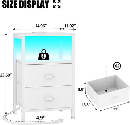 Nightstand with Charging Station & LED Lights - Bedside Table with Fabric Drawer, Storage Shelf, White for Bedroom