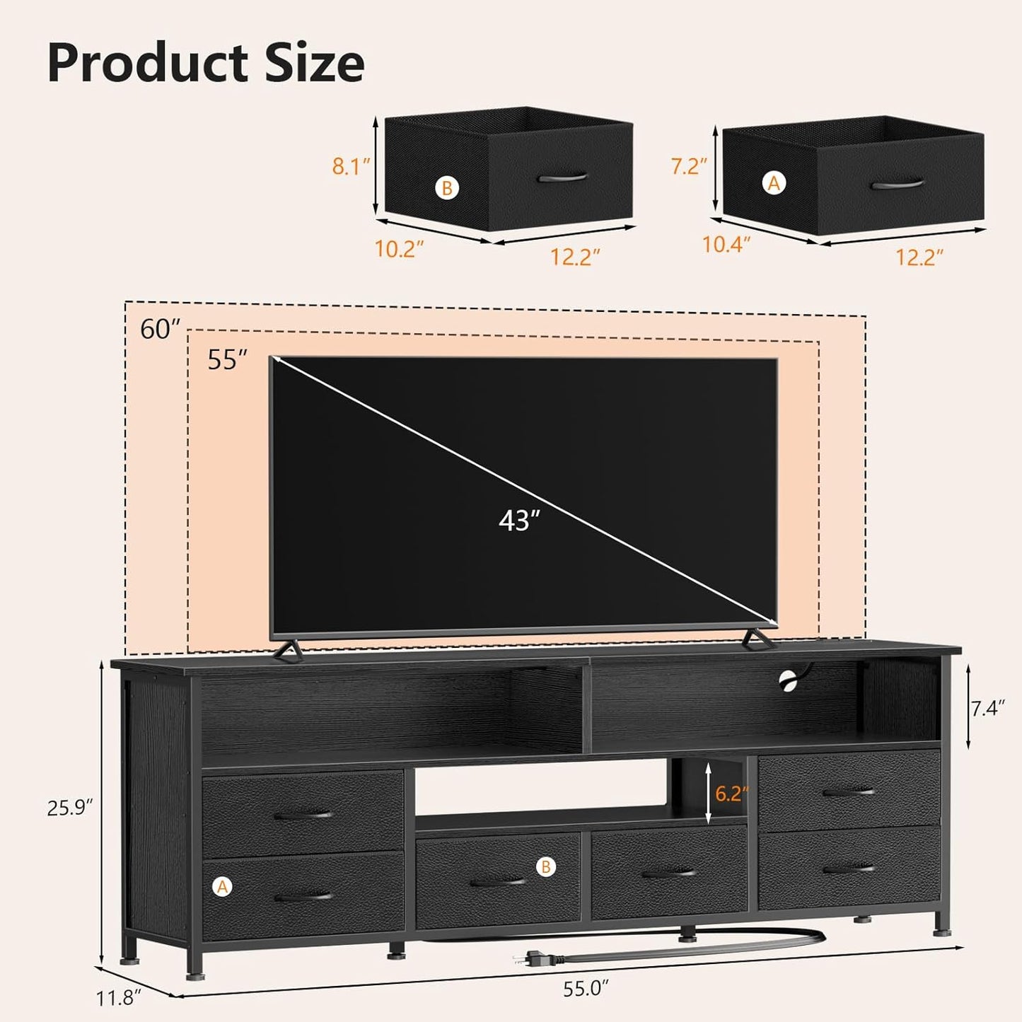 Furologee 55" LED TV Stand for Bedroom, Entertainment Center with 6 Fabric Drawers for 50 55 60 Inch TVs, Dresser TV Stand Console Media Table with Power Outlets for Living Room, Black