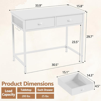 Furologee 34” White Computer Desk with Fabric Drawers & Hooks – Small Home Office or Vanity Table