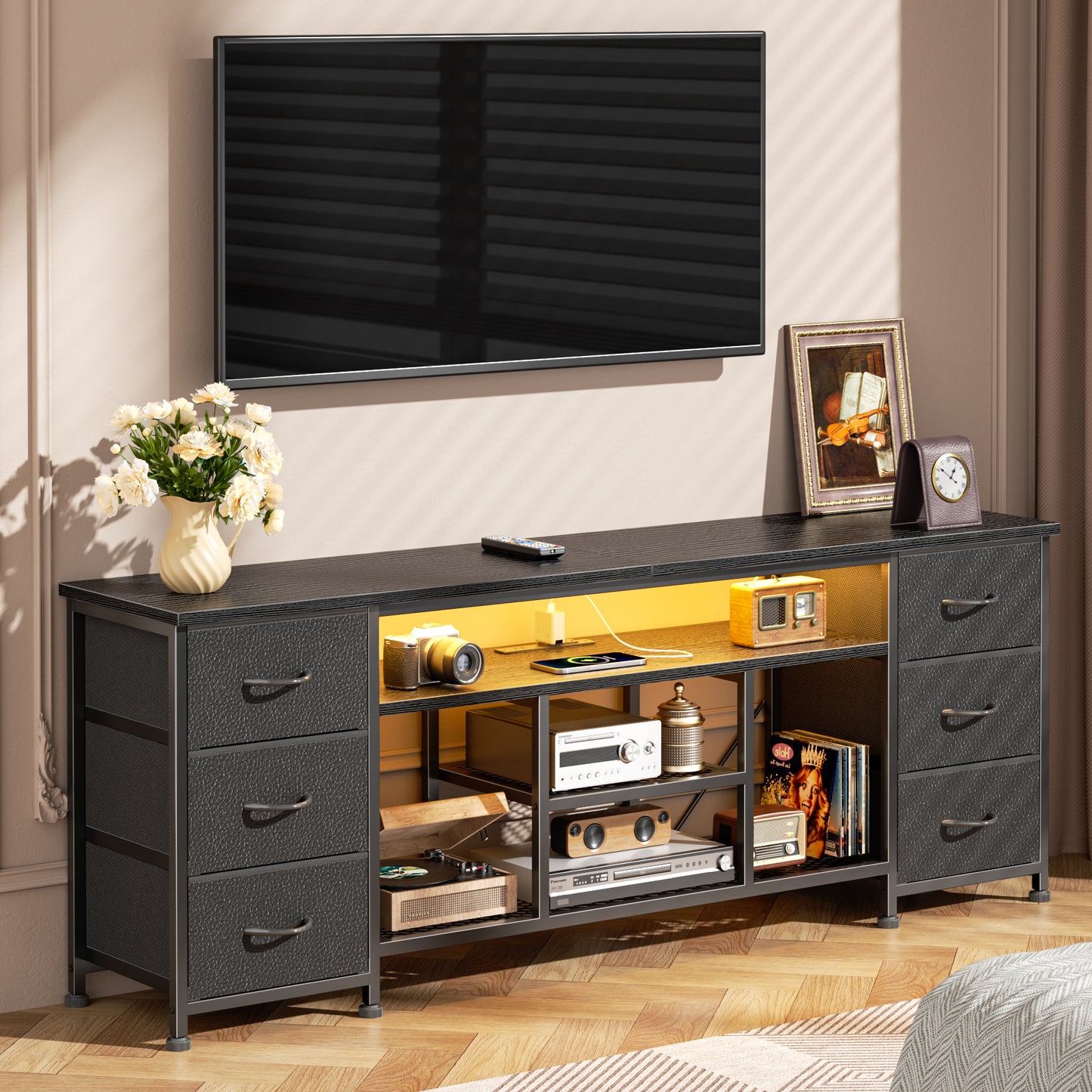 Furologee LED TV Stand for 65, 70 Inch TV, 63 Inch Entertainment Center with Power Outlets, 6 Fabric Drawers Dresser for Bedroom, Media Console with Open Shelves, PU Leather Surface, Black