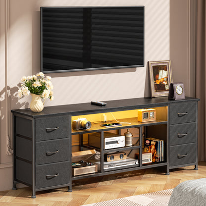 Furologee LED TV Stand for 65, 70 Inch TV, 63 Inch Entertainment Center with Power Outlets, 6 Fabric Drawers Dresser for Bedroom, Media Console with Open Shelves, PU Leather Surface, Black