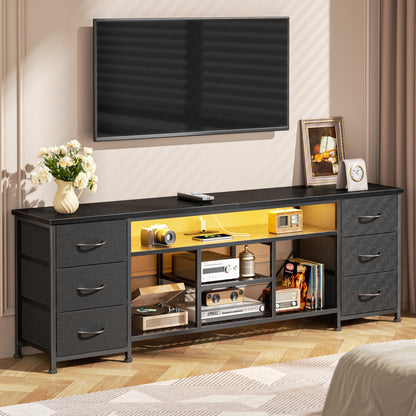 Furologee LED TV Stand for 65, 70, 80 Inch TV, 71 Inch Entertainment Center with Power Outlets, 6 Fabric Drawers Dresser for Bedroom, Media Console with Open Shelves, PU Leather Surface, Rustic Brown