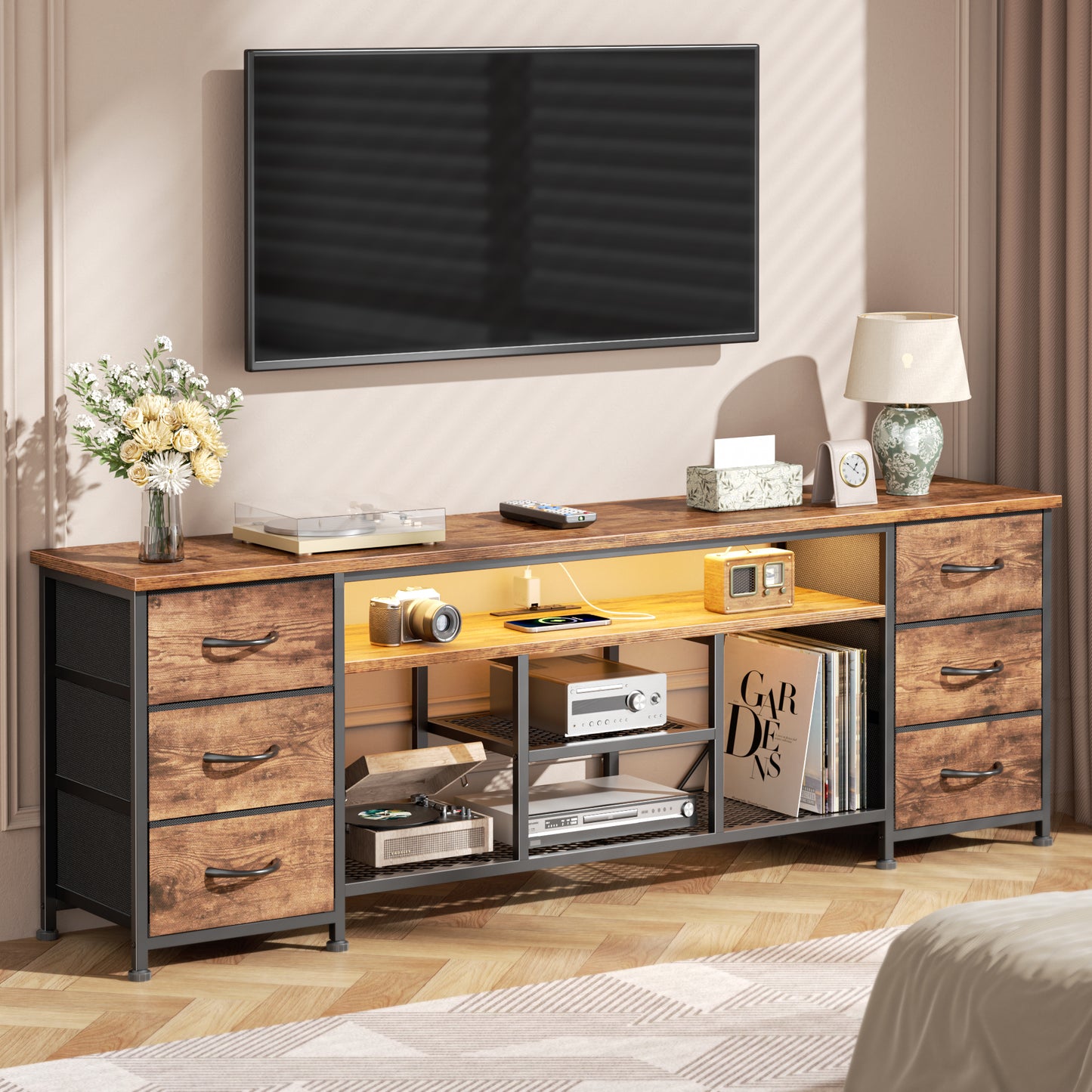 Furologee LED TV Stand for 65, 70, 80 Inch TV, 71 Inch Entertainment Center with Power Outlets, 6 Fabric Drawers Dresser for Bedroom, Media Console with Open Shelves, PU Leather Surface, Black
