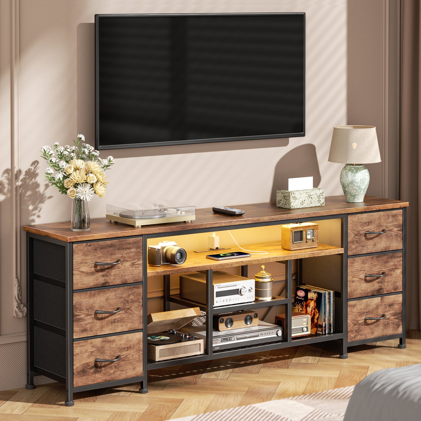 Furologee LED TV Stand for 65, 70 Inch TV, 63 Inch Entertainment Center with Power Outlets, 6 Fabric Drawers Dresser for Bedroom, Media Console with Open Shelves, PU Leather Surface, Rustic Brown