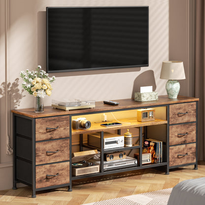 Furologee LED TV Stand for 65, 70 Inch TV, 63 Inch Entertainment Center with Power Outlets, 6 Fabric Drawers Dresser for Bedroom, Media Console with Open Shelves, PU Leather Surface, Rustic Brown