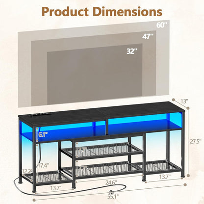 Furologee TV Stand with Power Outlets and LED Lights, 55 Inch Entertainment Center Black