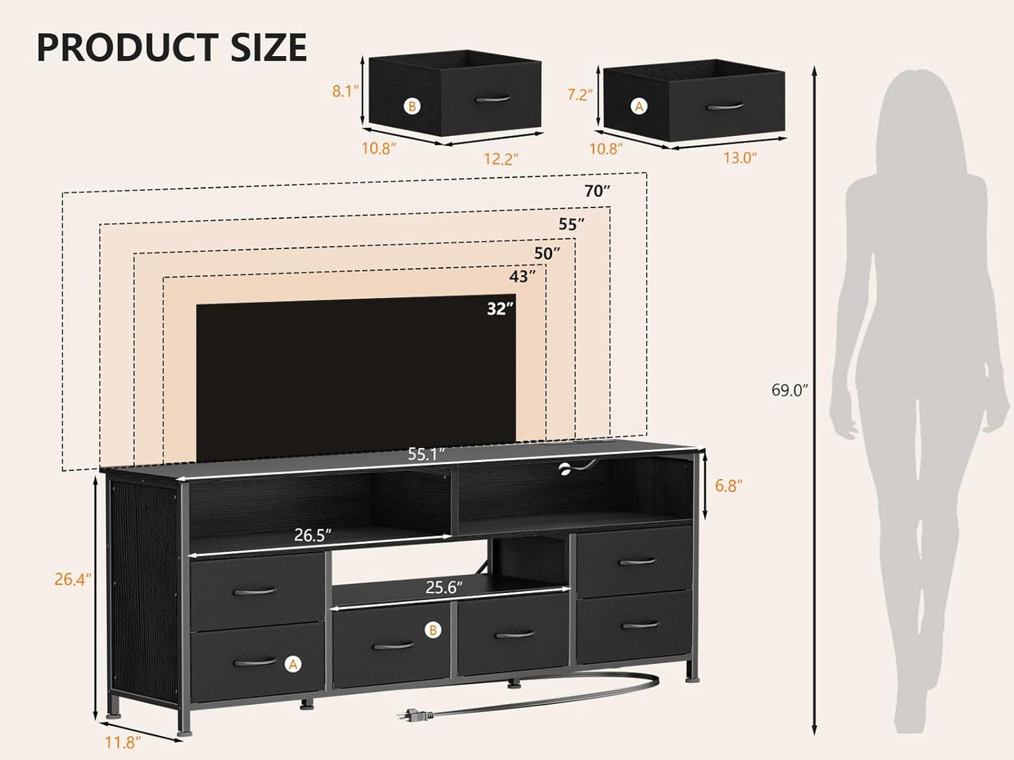 Furologee 55" Dresser TV Stand with LED & Charging Station – Media Console Table with 6 Drawers for Bedroom or Living Room